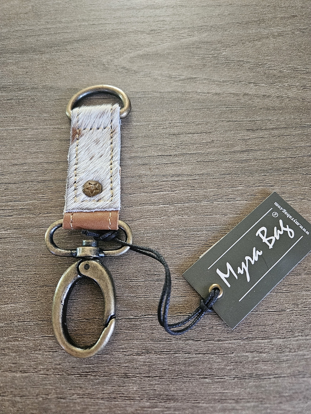 Myra Bag Leather & Hair-on-Key Fob in Tan and Brass-NWT